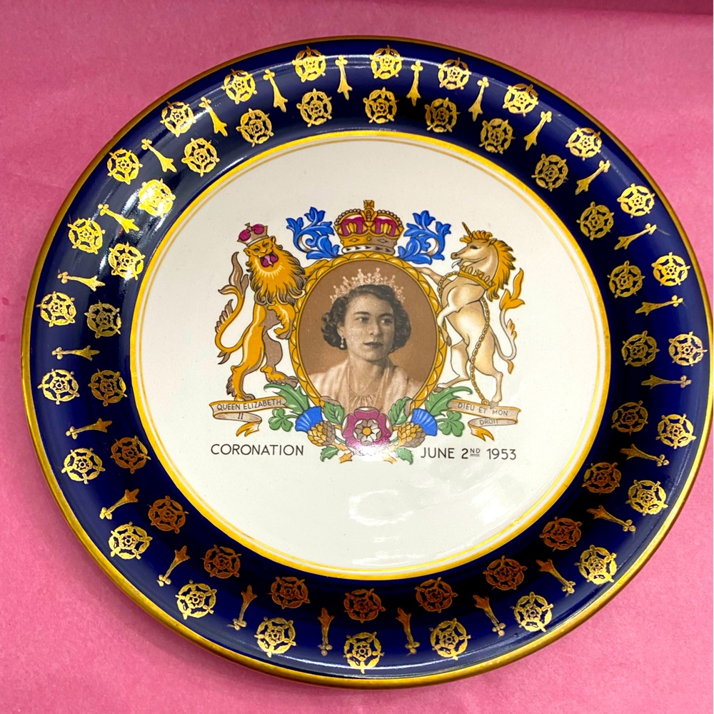 Royal Staffordshire Queen Elizabeth II Blue Gold Coronation Plate 1953